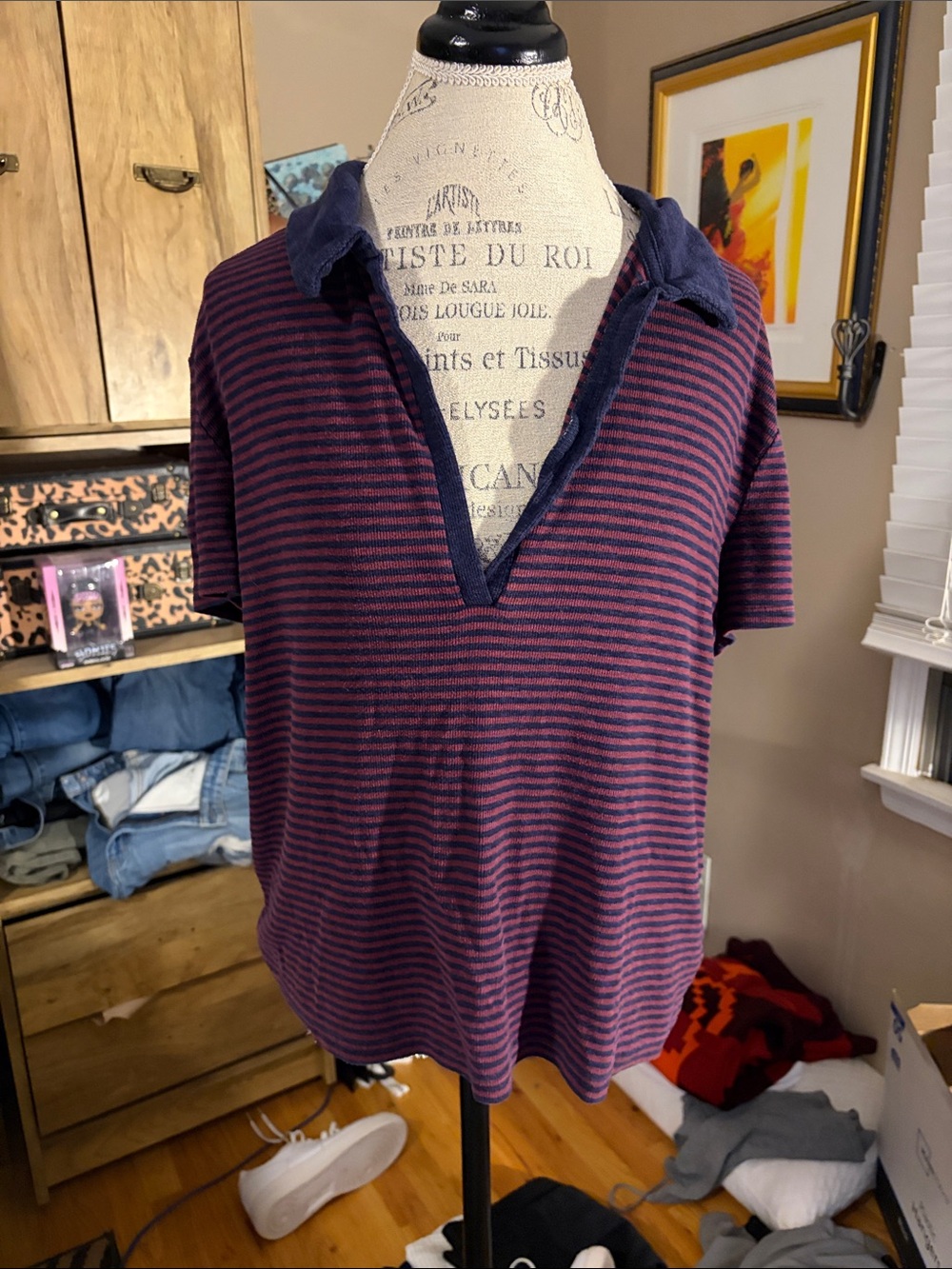 Striped Gap Polo-Style Short Sleeve Top in Burgundy & Navy - XXL Tall
